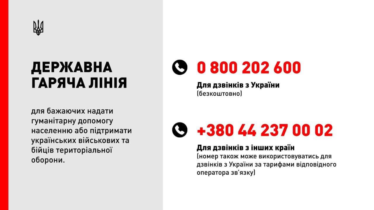 Державна гаряча лінія для бажаючих надати гуманітарну допомогу населенню або підтримати українських військових та бійців територіальної оборони