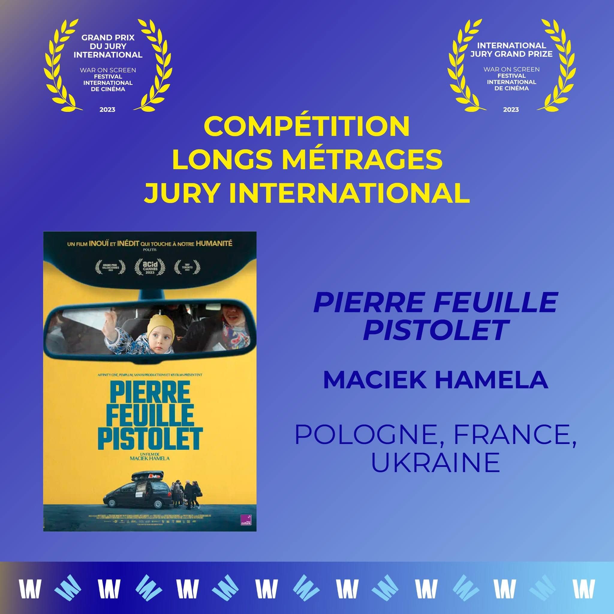 Фільм «Звідки куди / In the Rearview» режисера Мачека Хамели отримав головний приз Міжнародного журі в конкурсі повнометражних фільмів “WAR ON SCREEN”